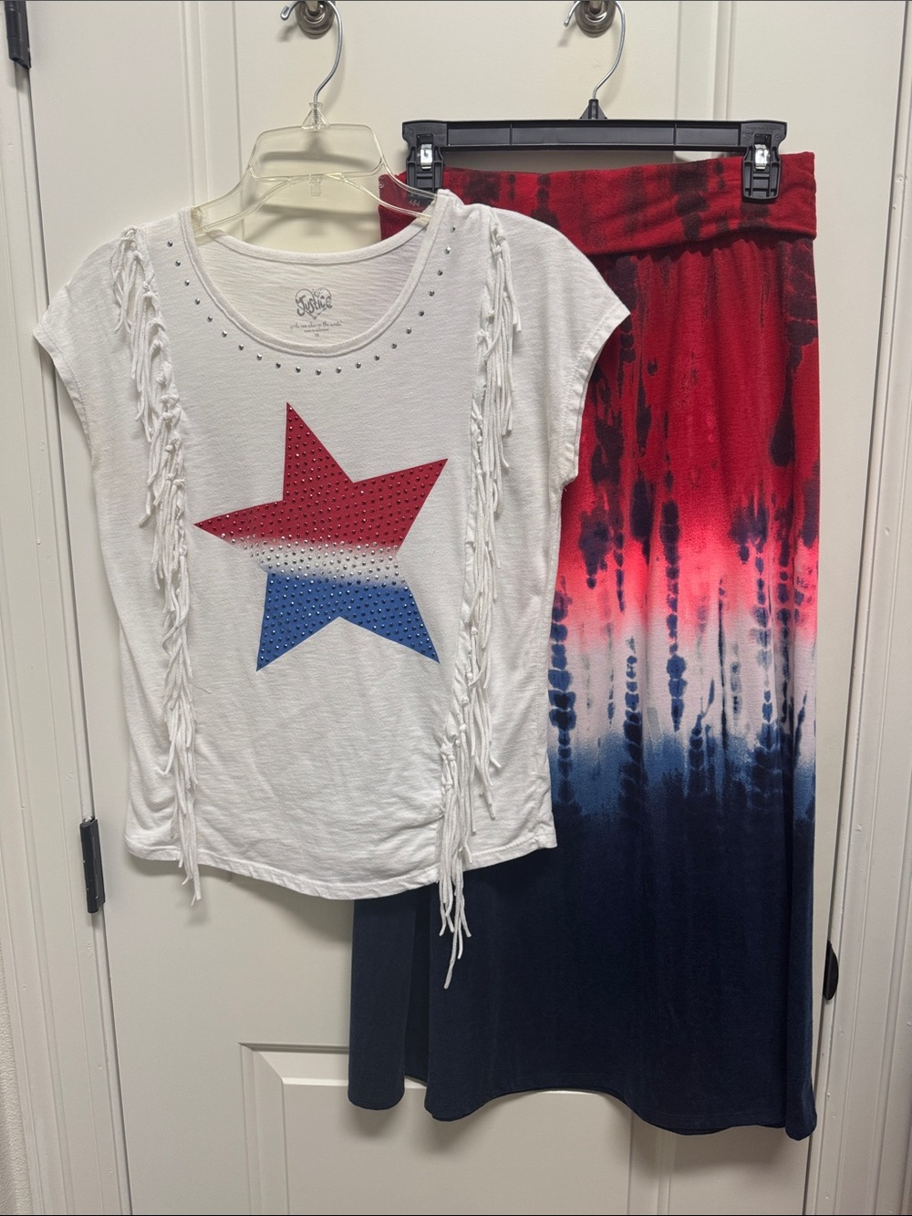 Justice White Fringe Star Tee with Red & Blue Ombré Maxi Skirt